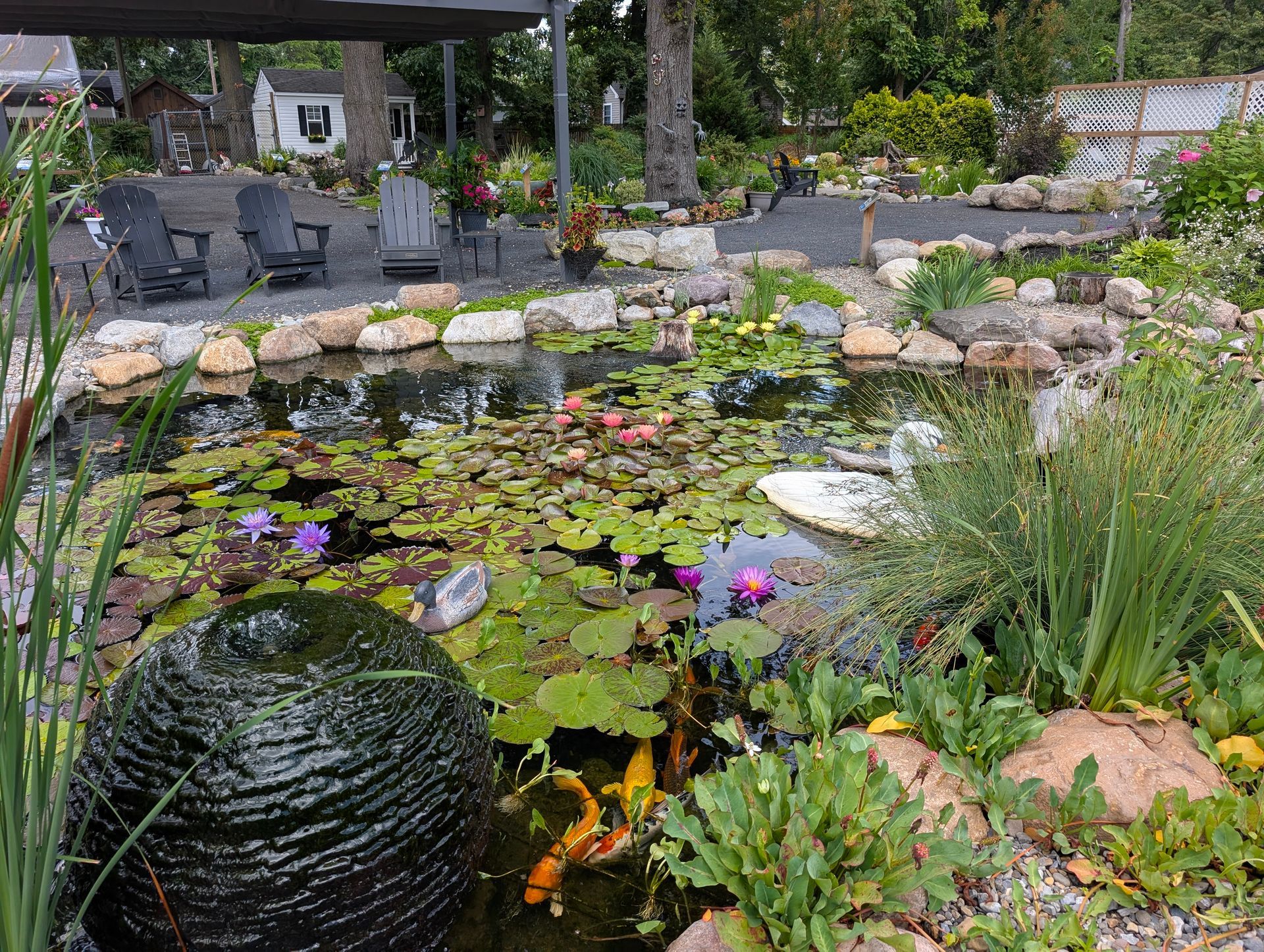 A pond with water lilies and koi fish, surrounded by a rock garden and seating area.