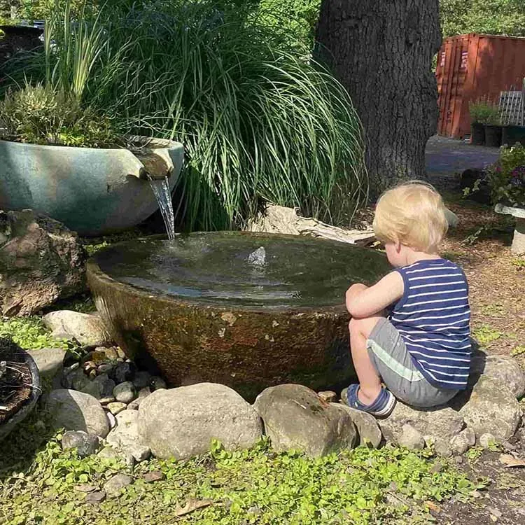 Young child with blonde hair gazes at a stone water fountain. Outdoors, green foliage.