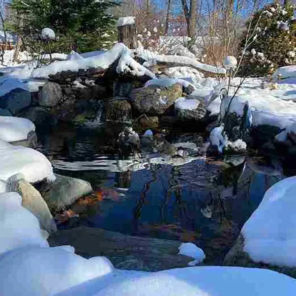 Snow-covered waterfall cascading into a dark pond. Rocks and snow banks surround it in a winter scene.