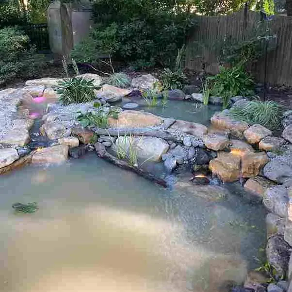 Pond with waterfalls, rocks, plants, and lighting. Outdoors.