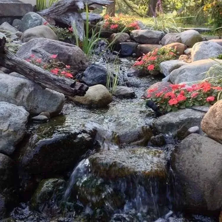 A rocky stream flows with water, surrounded by rocks and red flowers.