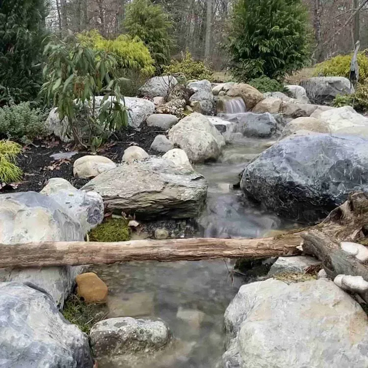 A small stream flows through a garden with rocks and a fallen log bridge.