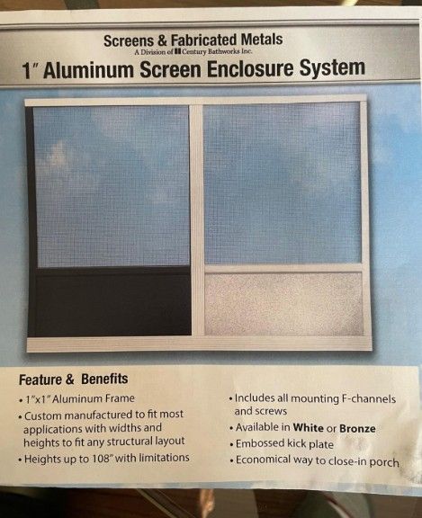 Advertisement for an aluminum screen enclosure system, showing sample panels in white and bronze, with features and benefits listed