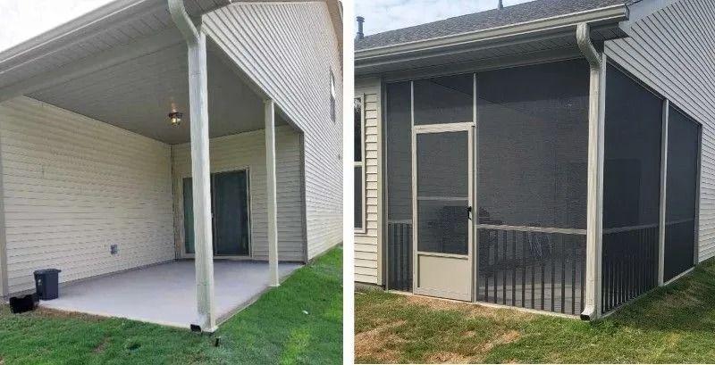 A before and after picture of a screened in porch and screened in porch.