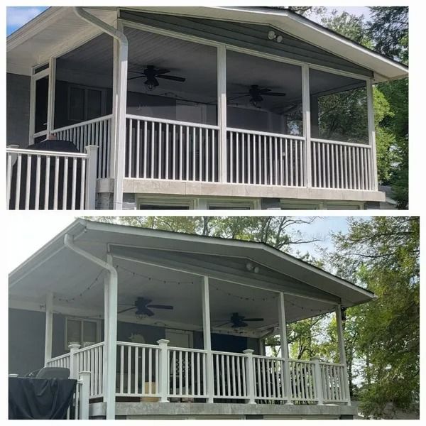 A before and after picture of a screened in porch on a house.