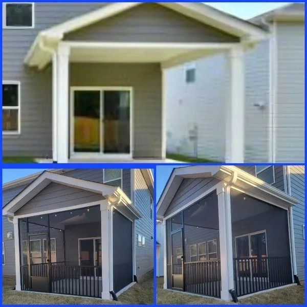 A screened in porch in front of a house