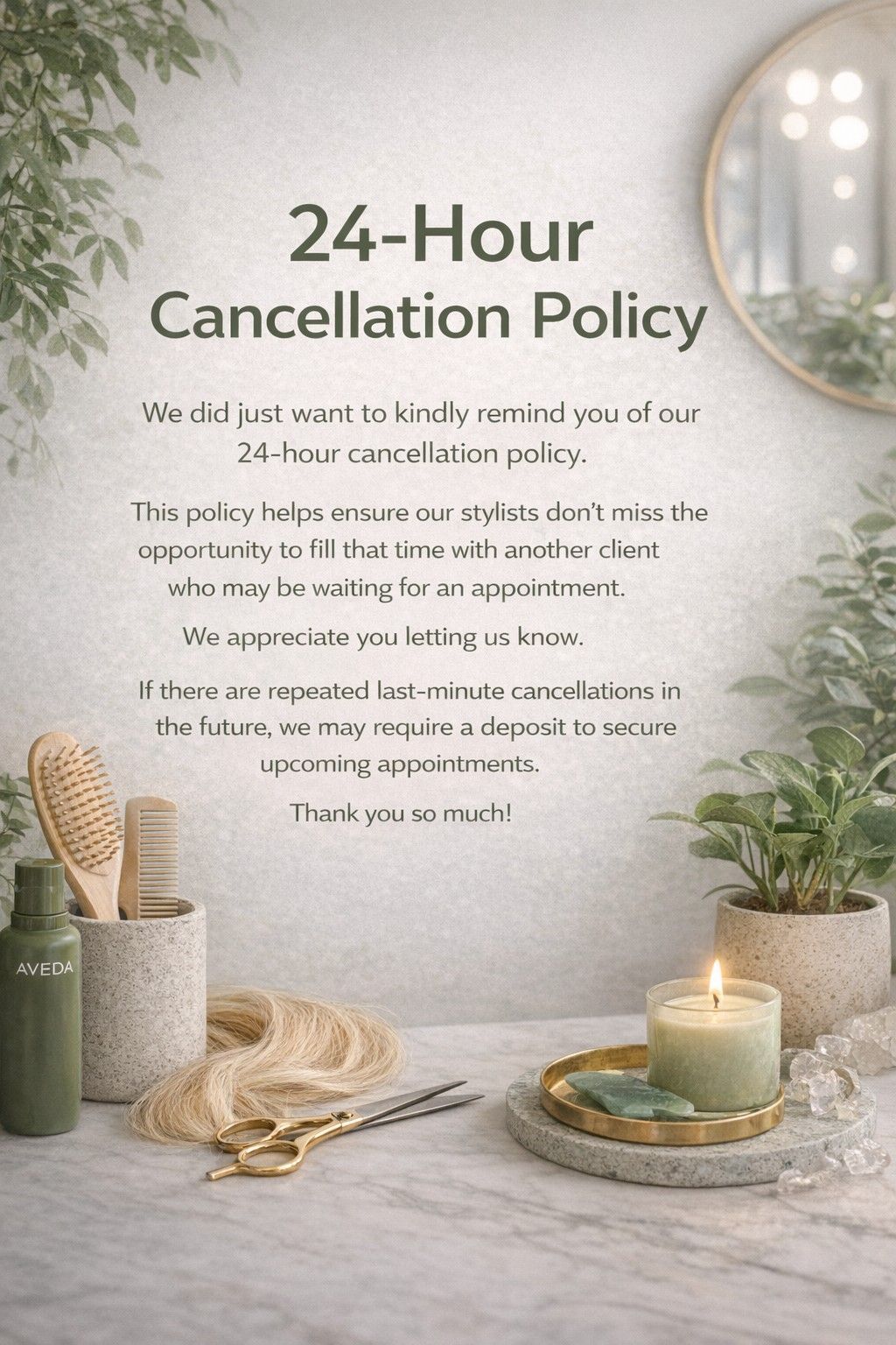 A salon 24-hour cancellation policy notice on a textured background with styling tools, a candle, and greenery.