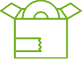 A green line drawing of an open box with a hand holding a piece of tape.