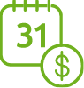 A green calendar with the number 31 and a dollar sign.