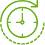 A green clock with an arrow around it on a white background.
