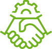 A green icon of a handshake with a gear in the background.