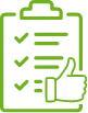 A clipboard with a checklist and a hand giving a thumbs up.