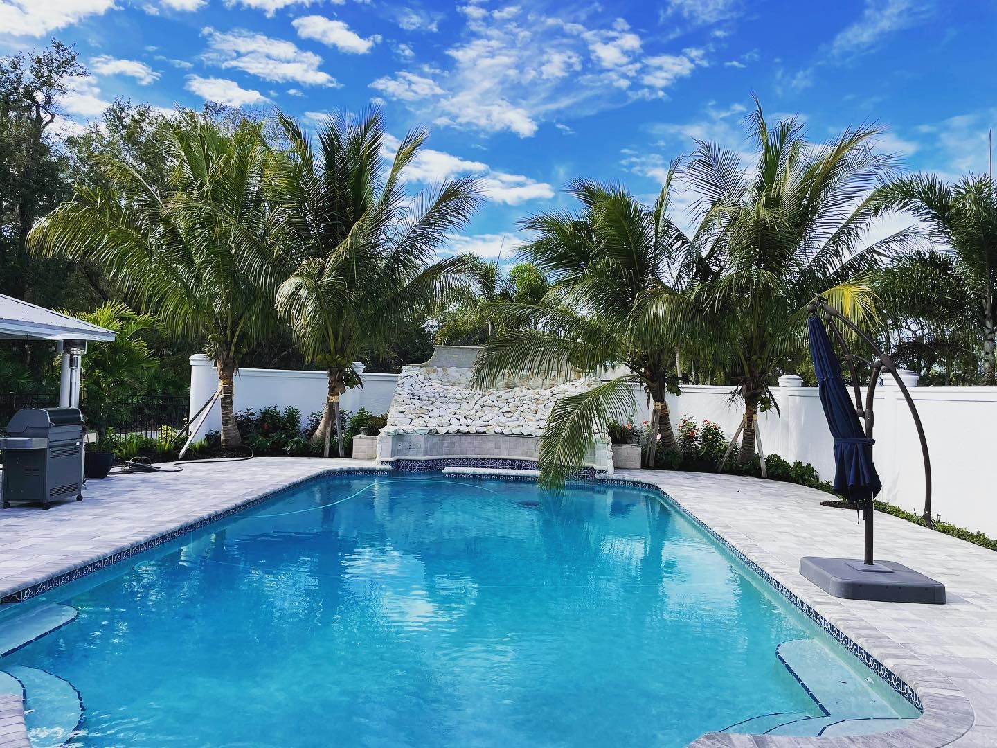 Swimming pool with turquoise water surrounded by palm trees under a bright blue sky.
