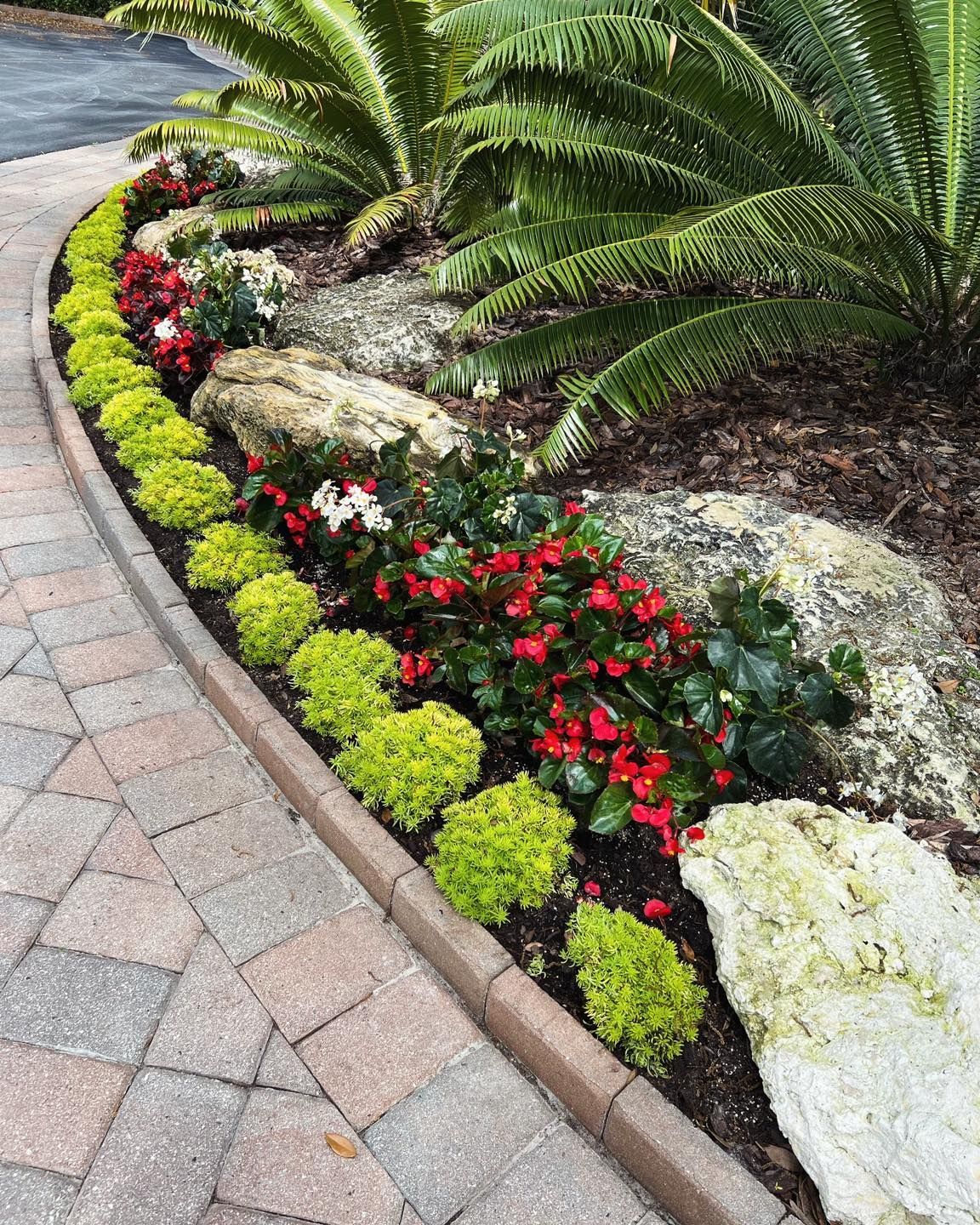 Curved flower bed with green shrubs, red flowers, and large rocks next to a brick walkway.