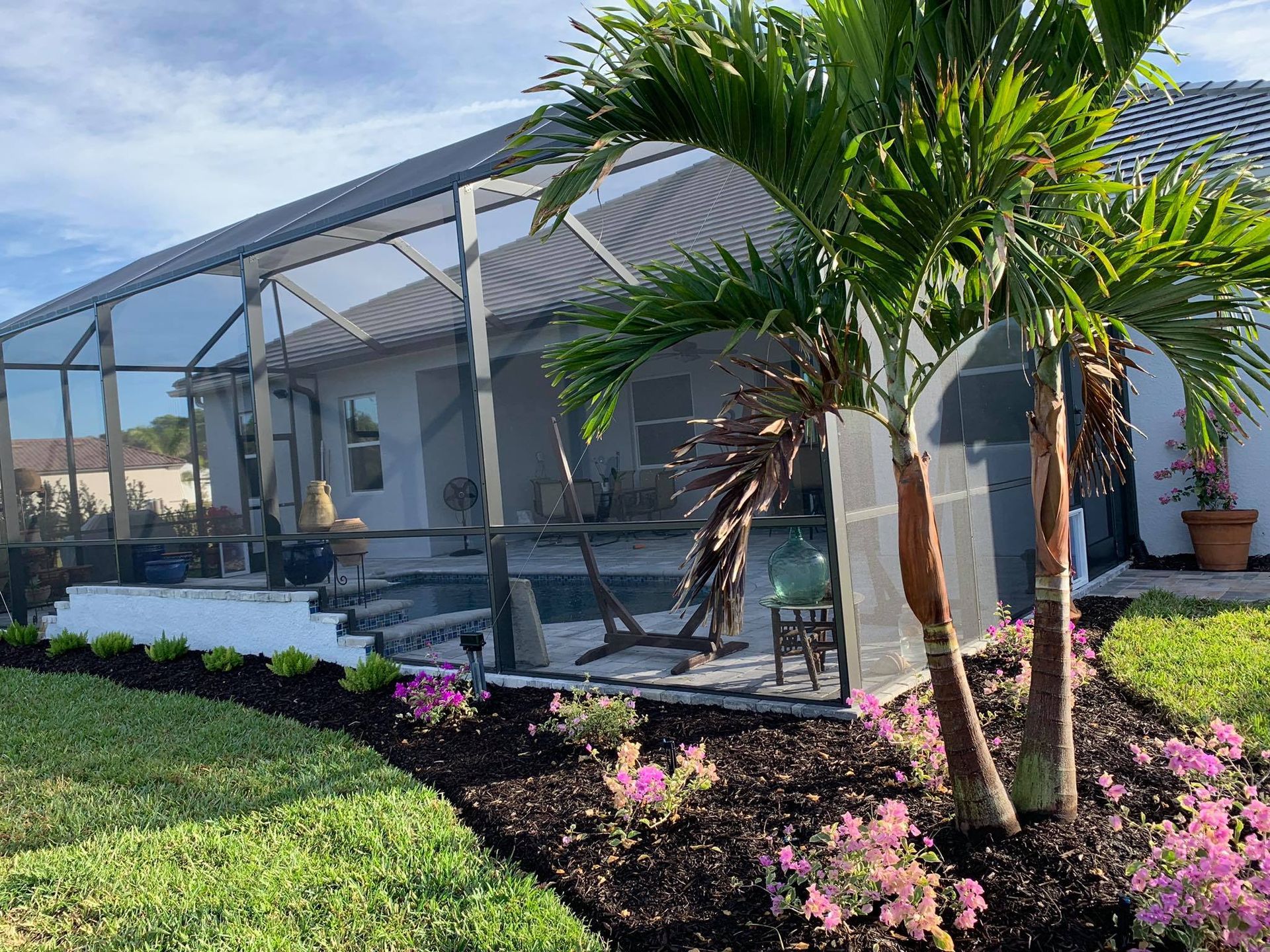 Backyard patio with screen enclosure, palm trees, landscaping, and dark mulch.