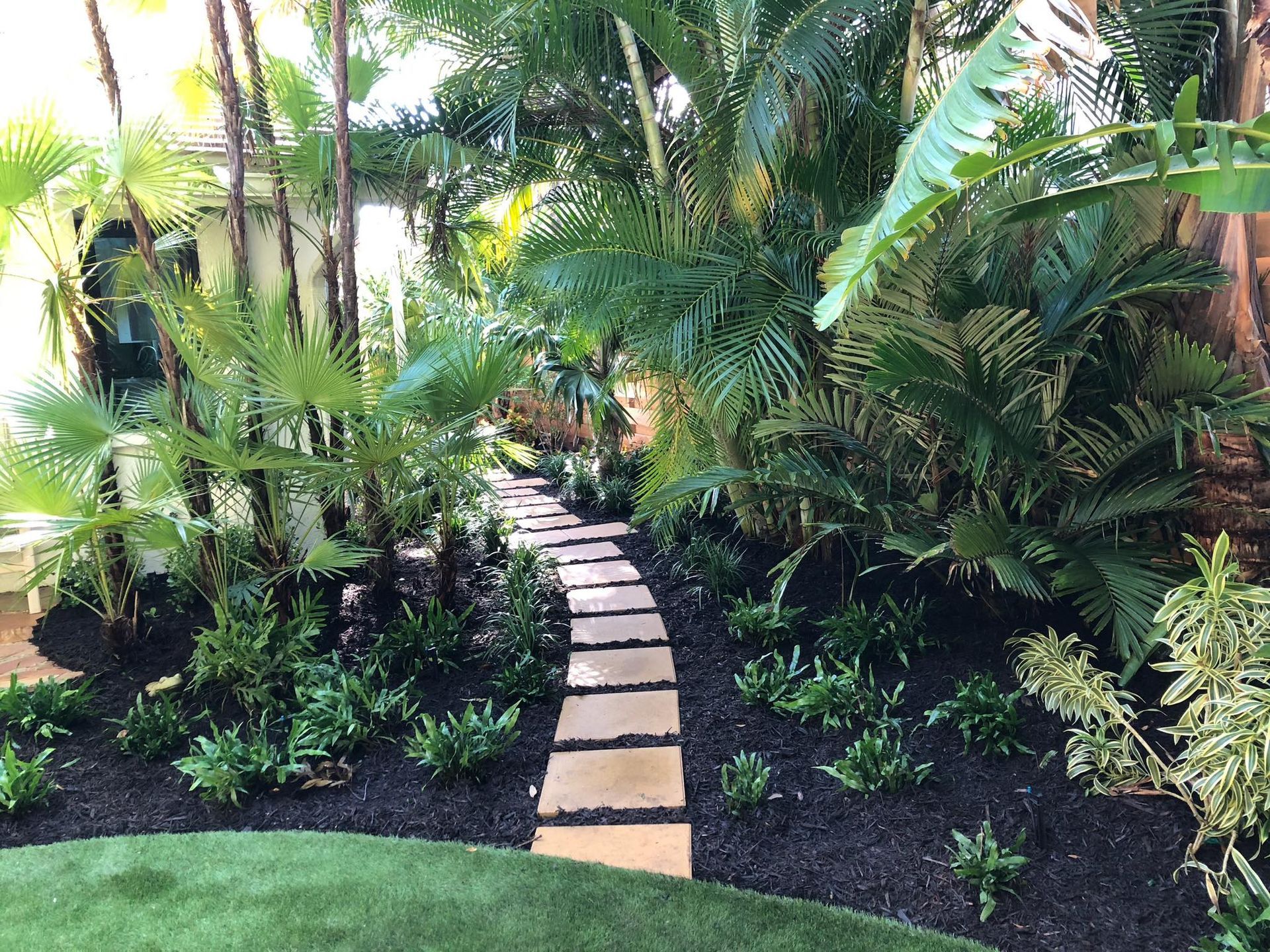 Stone pathway winds through a lush garden of palms and tropical plants.