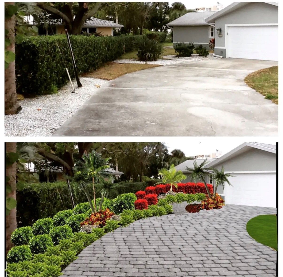 Comparison of a driveway before and after landscaping with new pavers and plants.