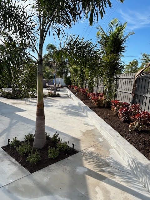 A concrete patio with a palm tree, red flowers, and a wooden fence on the right side.
