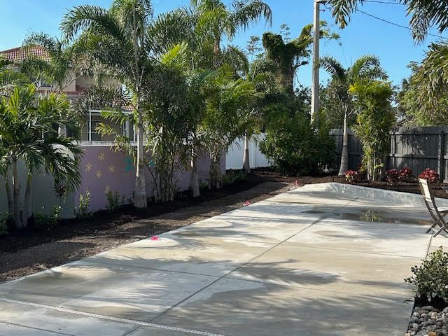 A concrete patio with newly landscaped greenery along a wall, palm trees, and a fence.