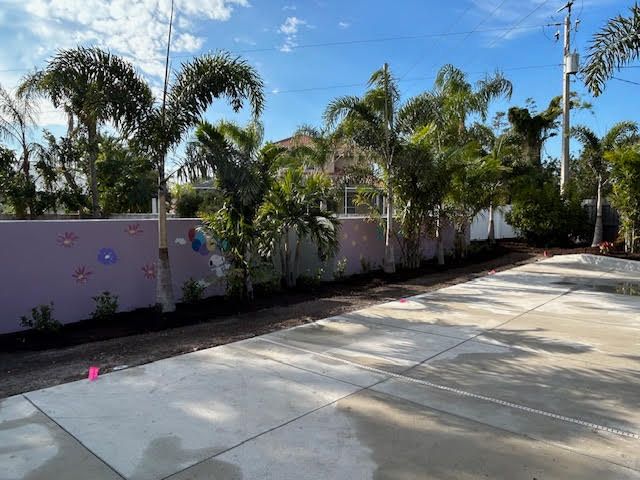 A concrete driveway next to a pink wall lined with palm trees under a blue sky.