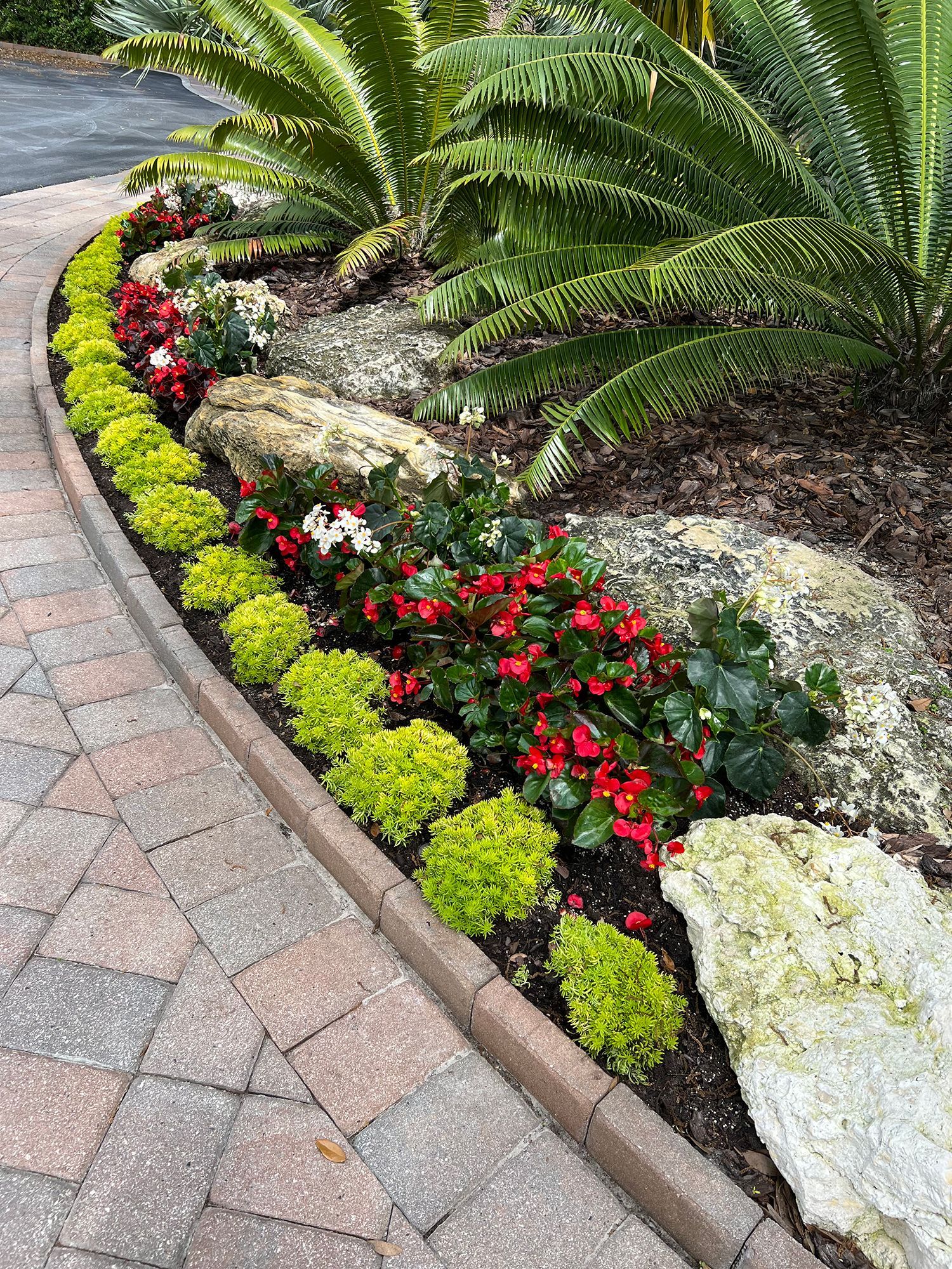 A brick walkway surrounded by flowers and rocks.