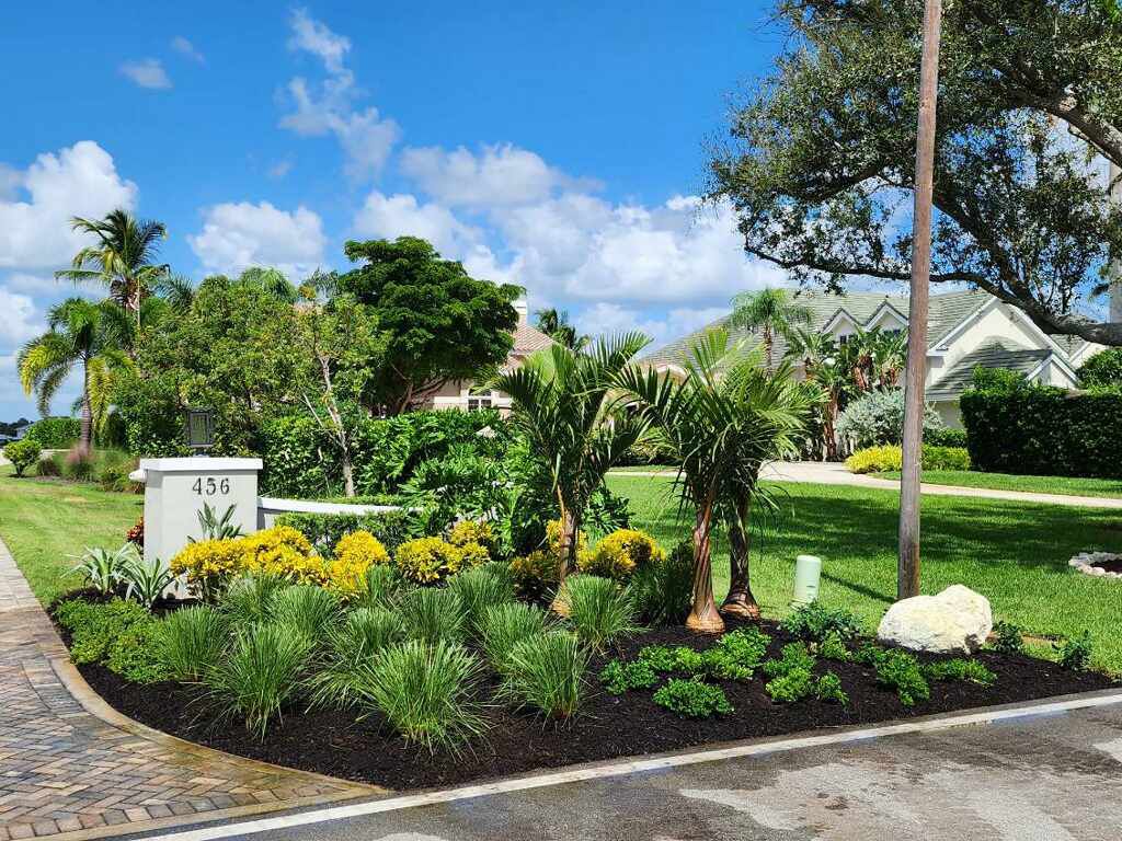 A lush green garden with lots of plants and flowers in front of a house.