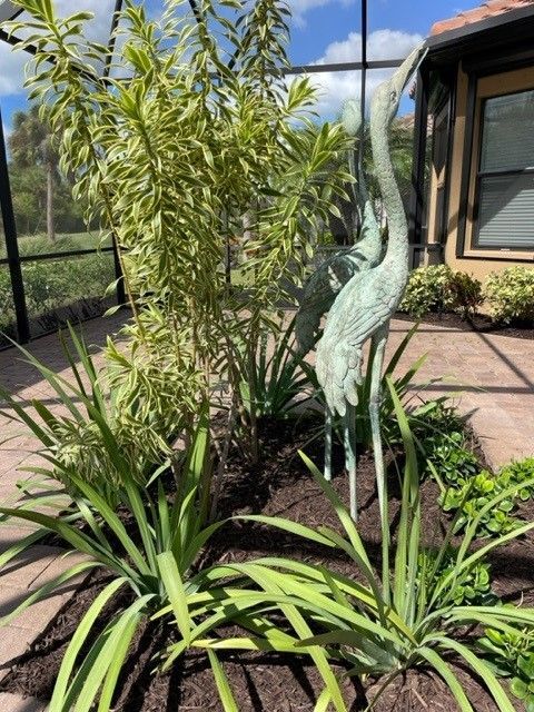 Outdoor garden bed with a bronze heron statue, green plants, and a screen enclosure.