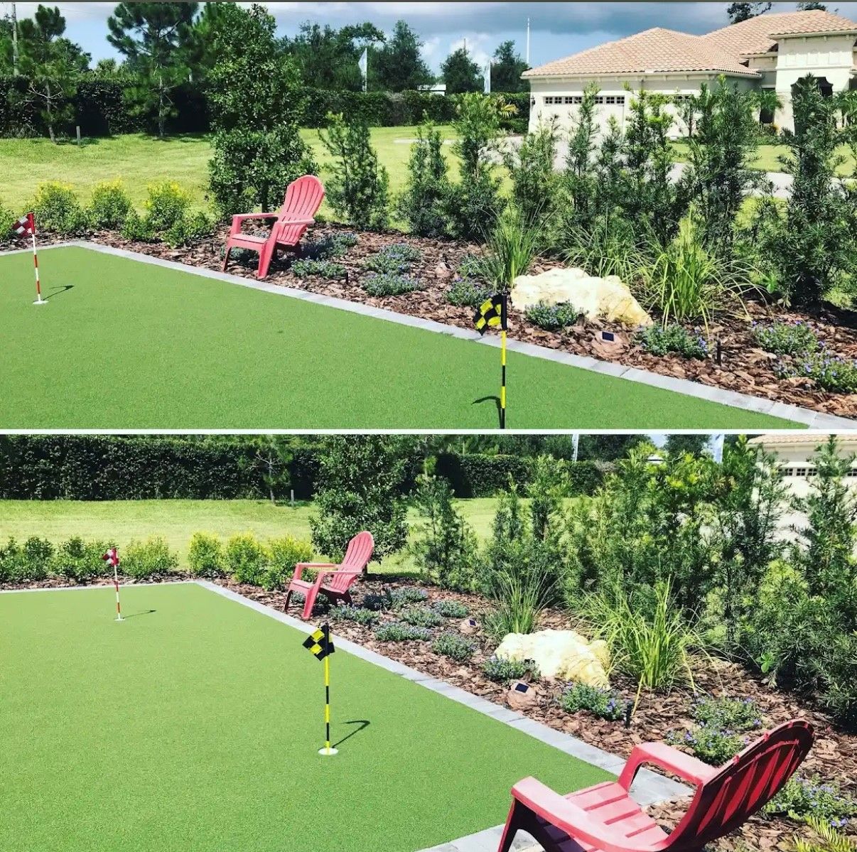 A home putting green with red chairs, surrounded by landscaping and a distant house.