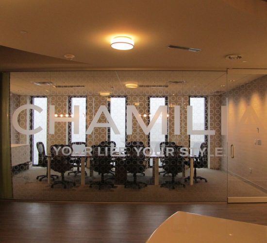 Meeting room with etched glass, logo 