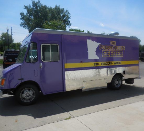 Purple food truck with a Minnesota outline logo; "The Prairie Fire Feeder" text.
