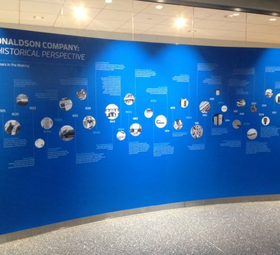 Blue wall with Donaldson Company timeline. White text and photos chart the company's historical perspective.