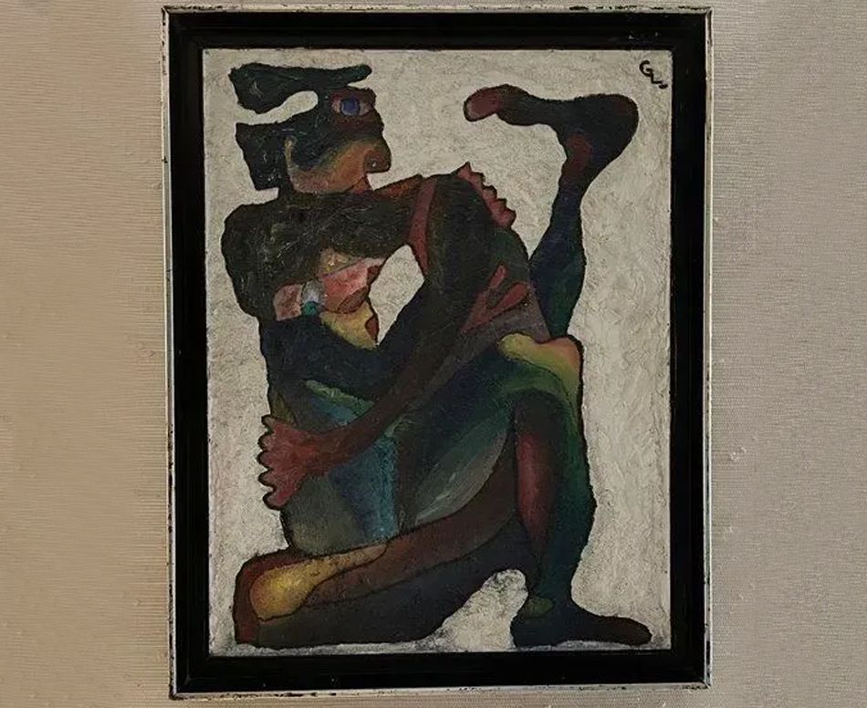 Abstract painting of two figures intertwined, in muted greens, blues, and reds, against a white background.