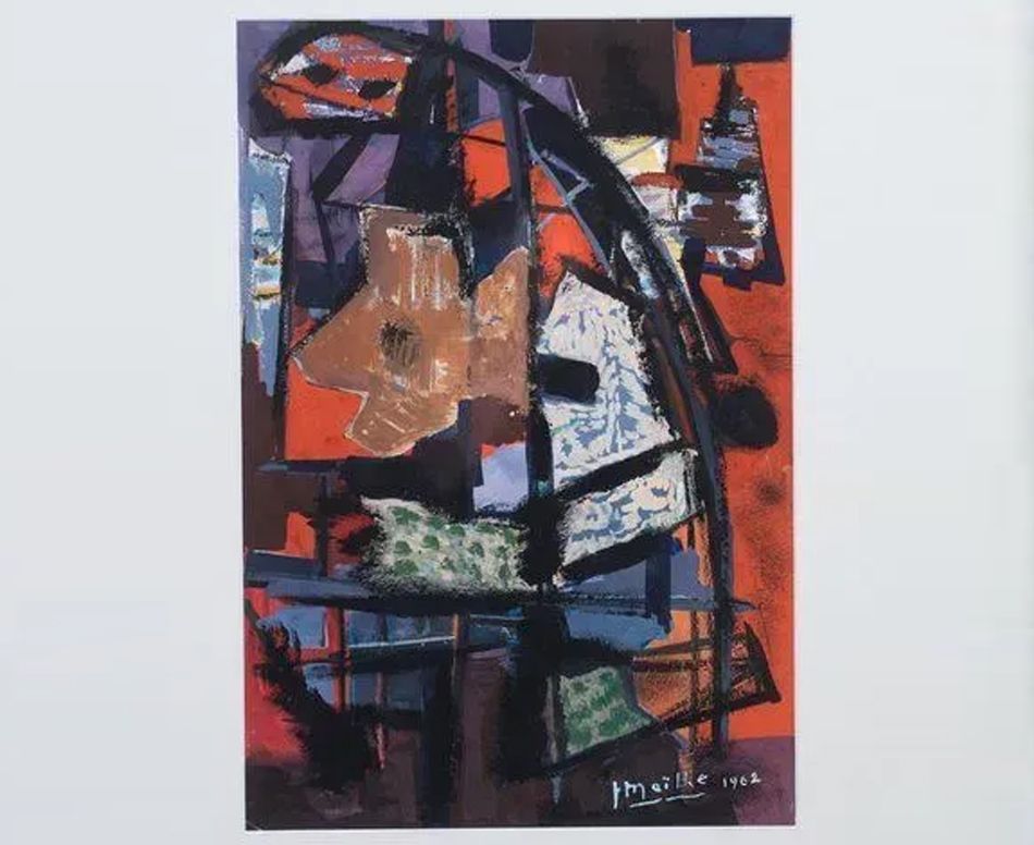Abstract painting with geometric shapes, dominant colors are red, blue, and brown. An arch-like structure is visible.