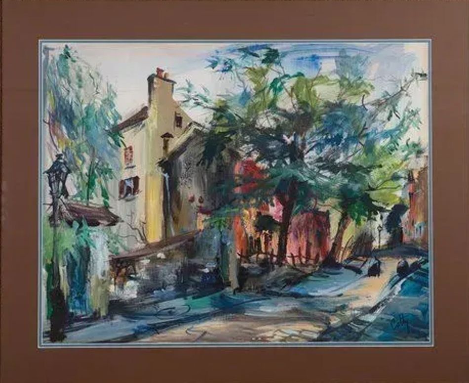 Watercolor painting of a sunlit street scene with a house and trees; blues, greens, yellows, and browns.