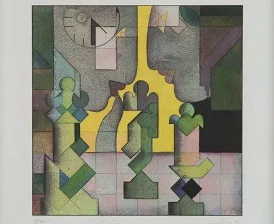 Abstract geometric composition with figures, clock, and yellow glow. Green, gray, and purple tones.