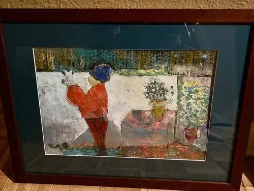 Painting of a person in red holding a white dog, inside a room with a table and plant.