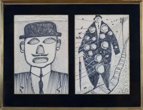 Two pen-and-ink drawings in a frame: a man with a bowler hat; the second drawing, the same figure with circles.