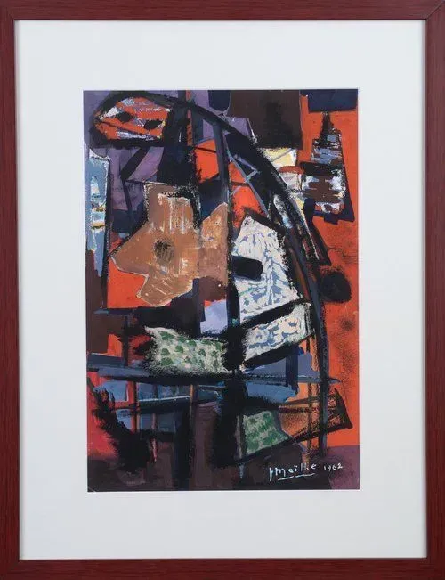 Abstract painting with geometric shapes, dominant colors are red, purple, and brown, framed in a dark red frame.