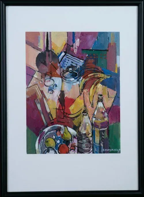 Abstract still life painting with fruit, bottles, and a plate in a colorful, cubist style.