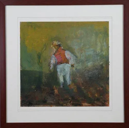 Painting of a person in a red vest and white pants, set against a muted green and brown background.