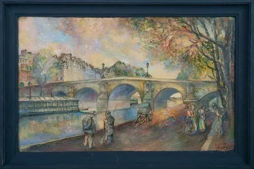 Stone bridge over water, figures strolling along a path. Pastel colors, trees, and buildings.