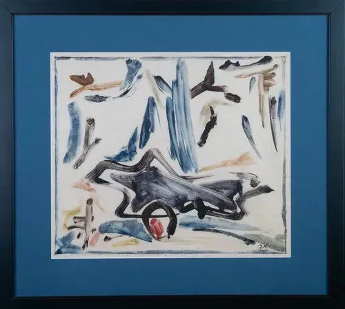 Abstract painting in a blue mat and black frame; dark shapes on a white background.