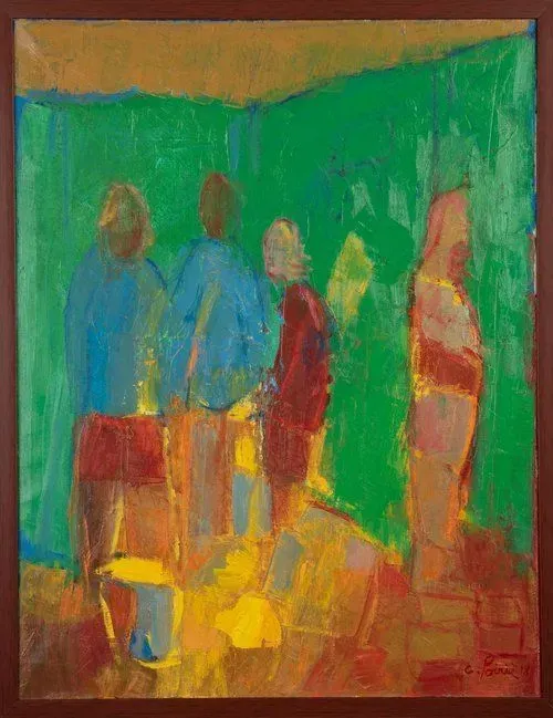 Four figures gathered in a green-walled room. One stands apart. Colors are muted: blue, red, and yellow.