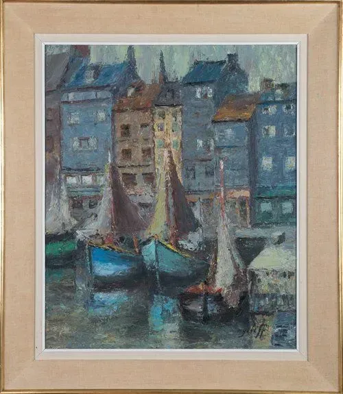 Boats in a harbor, blue buildings, calm water, a framed painting.
