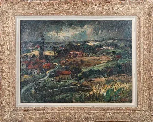 Oil painting of a village landscape with a winding road, church steeple, and stormy sky.