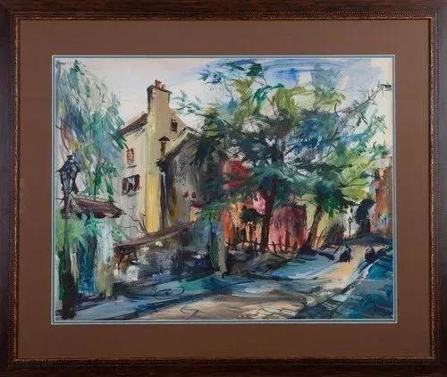 Watercolor painting of a European street scene with buildings and trees, framed.