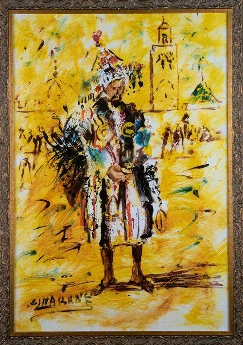 A painting of a person in a colorful costume, standing in front of a yellow background with buildings.