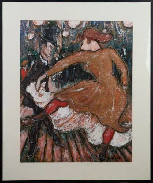 Dancing couple in a dimly lit cabaret. Woman in brown dress, man in top hat; red tights.