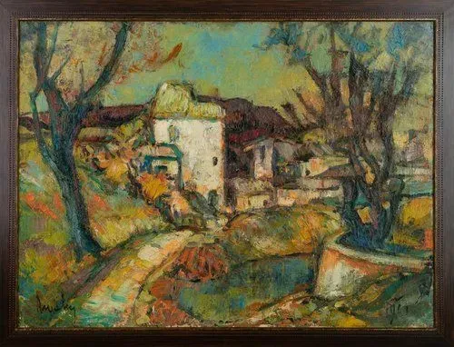 Landscape oil painting of a building and trees on a path, with brushstrokes of color.