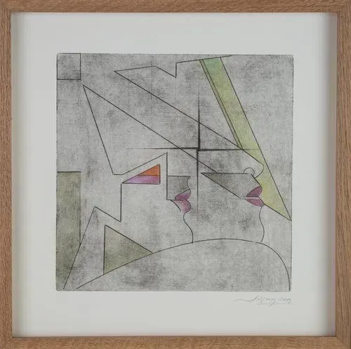 Abstract geometric art with angular shapes, lines, and colors like pink, green, and orange within a square frame.